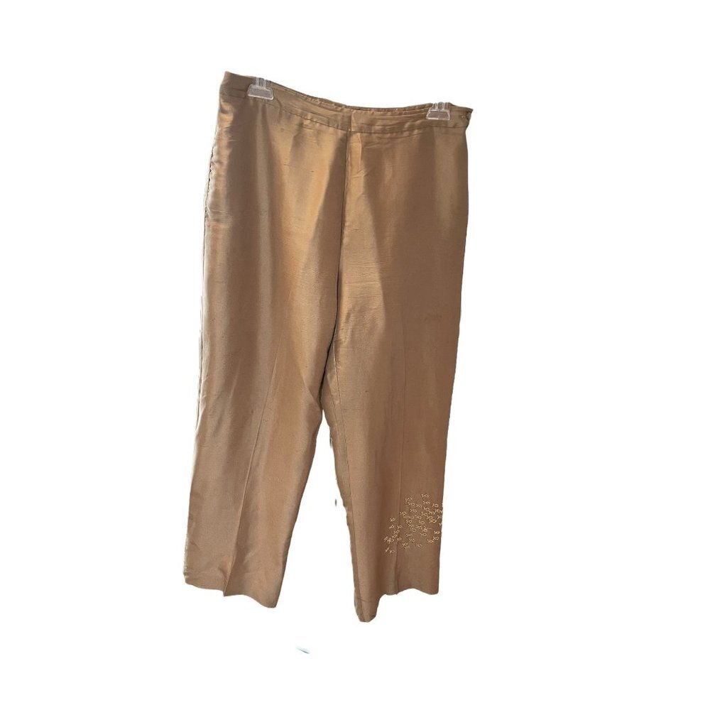 Ice Tan Silk Capri Pants with Beaded Fish Sz 8
